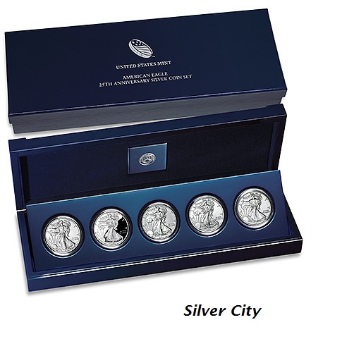 2011 Silver American Eagle 25th Anniv 5-Coin Set (W/Box & COA) - Click Image to Close