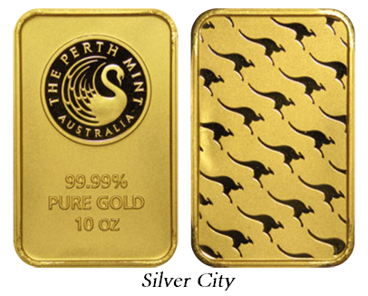 10 oz. Perth Mint Kangaroo .9999 Fine Gold Bar - Click Image to Close